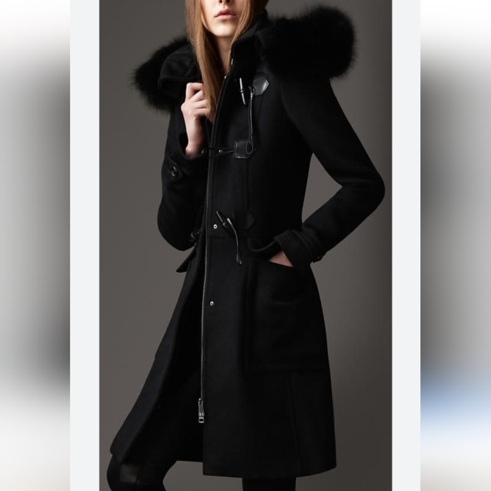 Burberry Black Wool Pea Coat with Fur-Trim Hood